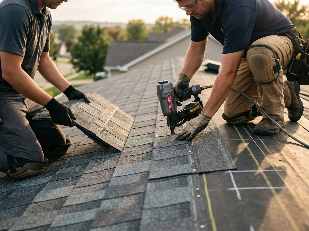 Professional roofer working on a residential roof in Weisenberg